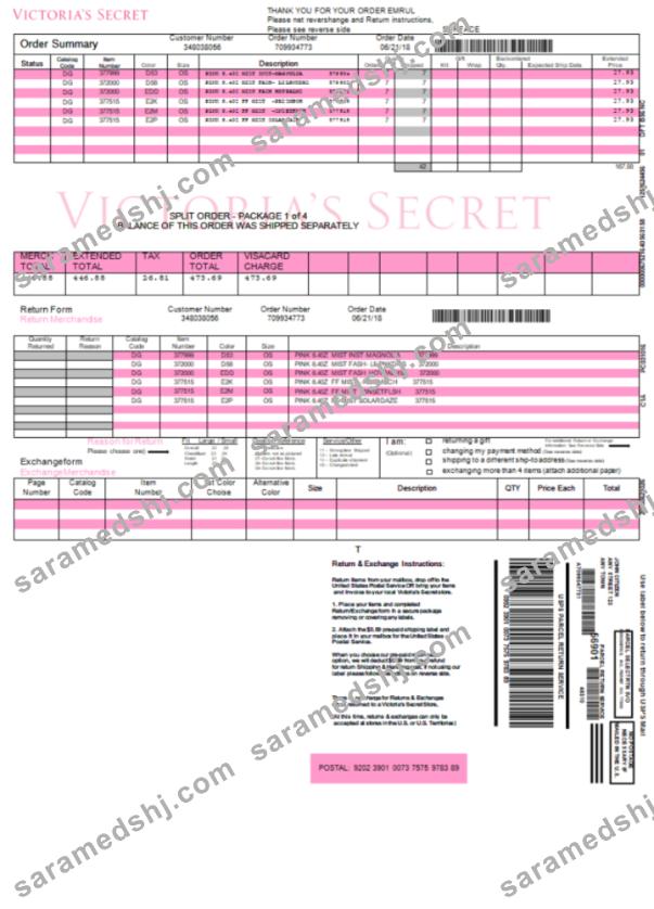 USA Victoria Secret invoice